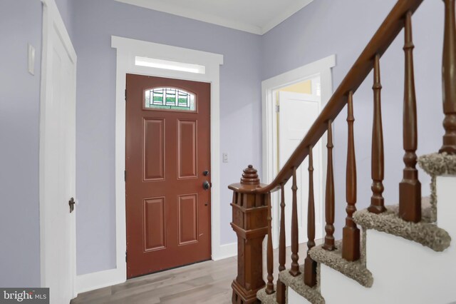 entryway featuring light hardwood / wood-style floors and crown molding