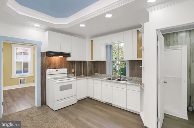 kitchen featuring hardwood / wood-style floors, a tray ceiling, sink, white cabinetry, and white range with electric stovetop