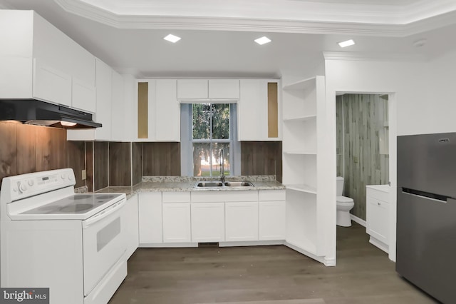 kitchen with ornamental molding, stainless steel fridge, white electric range oven, dark wood-type flooring, and white cabinets