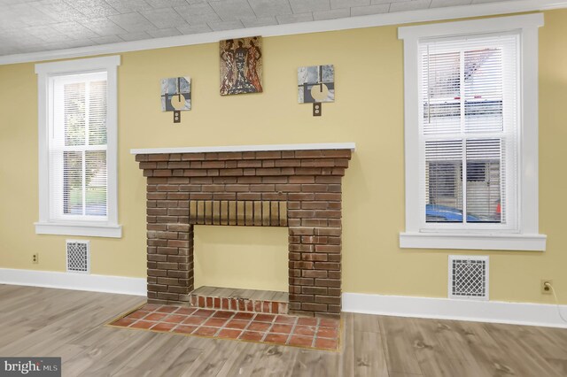 interior details with a fireplace, ornamental molding, and hardwood / wood-style flooring