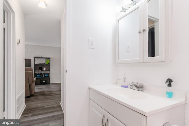 bathroom with wood-type flooring and vanity