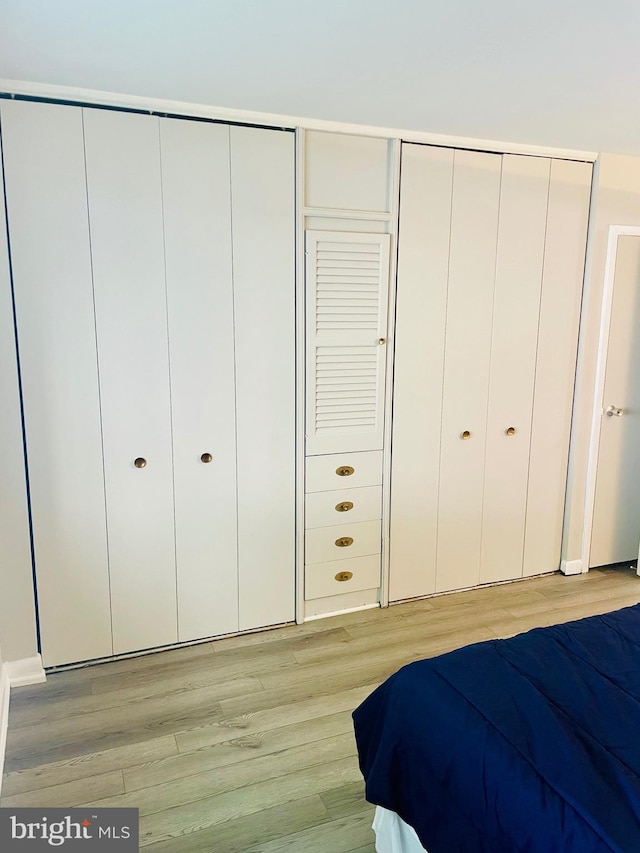 bedroom with two closets and light hardwood / wood-style floors