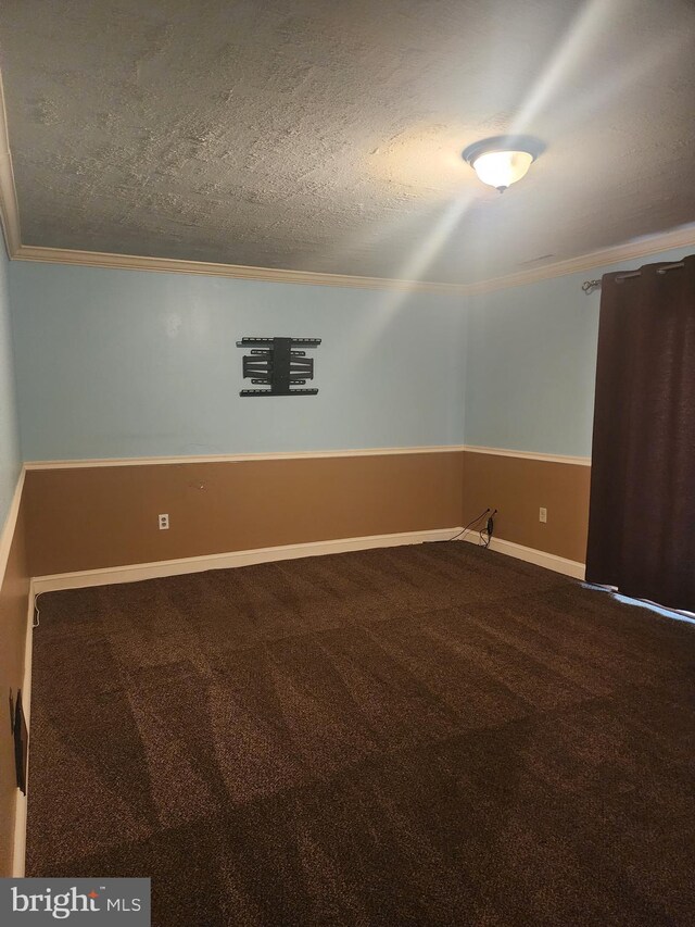 empty room featuring carpet, crown molding, and a textured ceiling