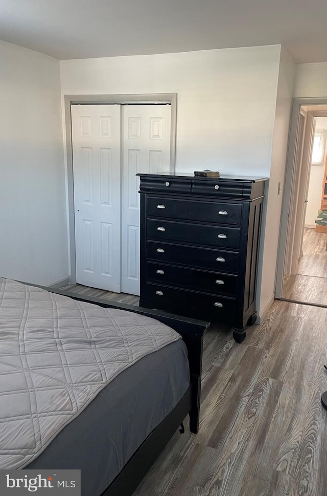 bedroom with a closet and dark hardwood / wood-style floors