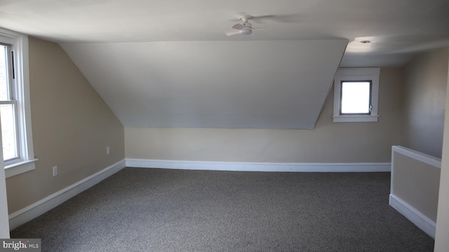 bonus room featuring baseboards, carpet, a ceiling fan, and vaulted ceiling