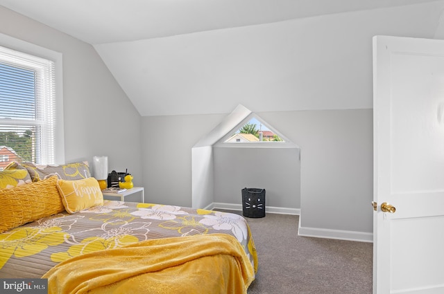 carpeted bedroom with lofted ceiling