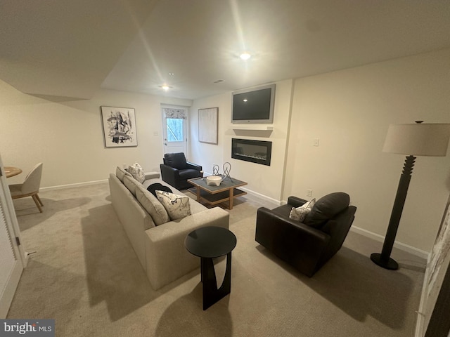 living room featuring light colored carpet