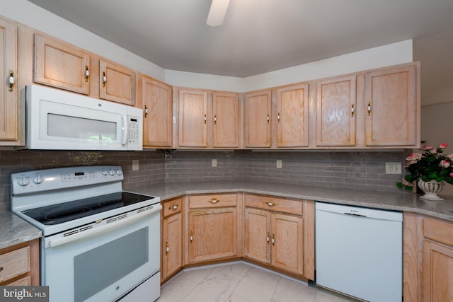 kitchen with white appliances, backsplash, light brown cabinets, ceiling fan, and light tile patterned flooring