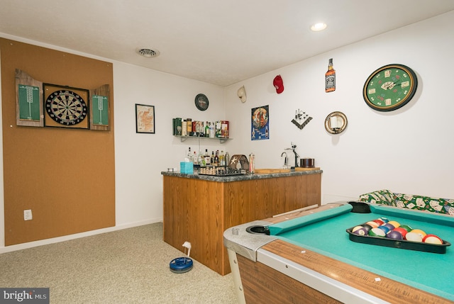 recreation room with billiards, indoor bar, and carpet floors