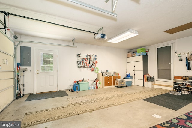 garage featuring a garage door opener and electric panel