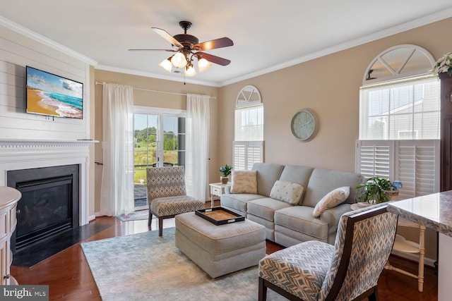 living room with ornamental molding, dark wood finished floors, a fireplace with flush hearth, and ceiling fan