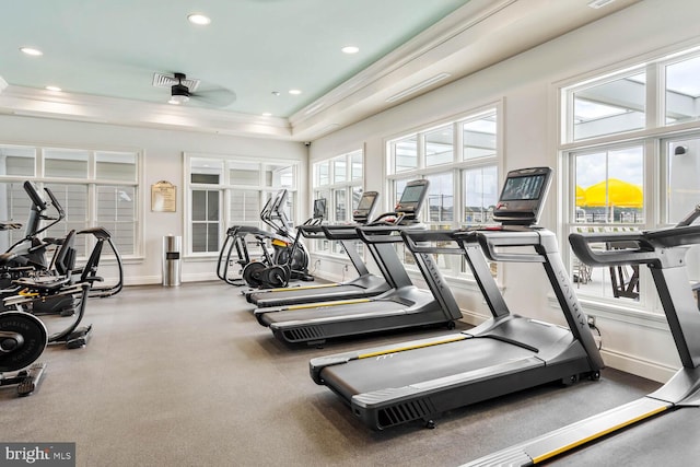 exercise room with a ceiling fan, recessed lighting, crown molding, and baseboards