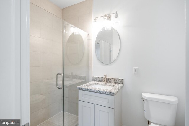 bathroom with vanity, a shower with shower door, and toilet