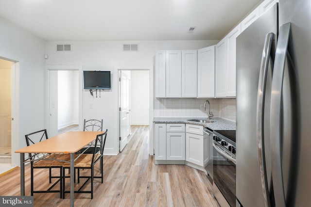 kitchen featuring white cabinets, sink, tasteful backsplash, appliances with stainless steel finishes, and light hardwood / wood-style floors