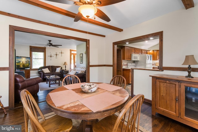 dining room with ceiling fan and dark hardwood / wood-style floors