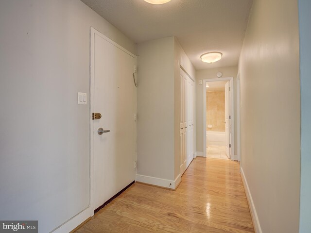 hall featuring a textured ceiling and light hardwood / wood-style flooring