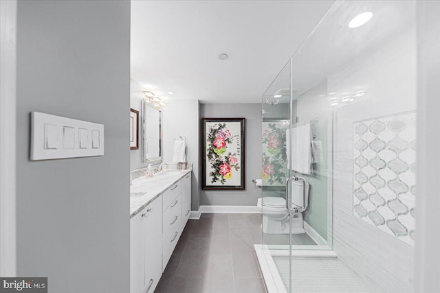 bathroom featuring tile patterned flooring, vanity, a shower with door, and toilet