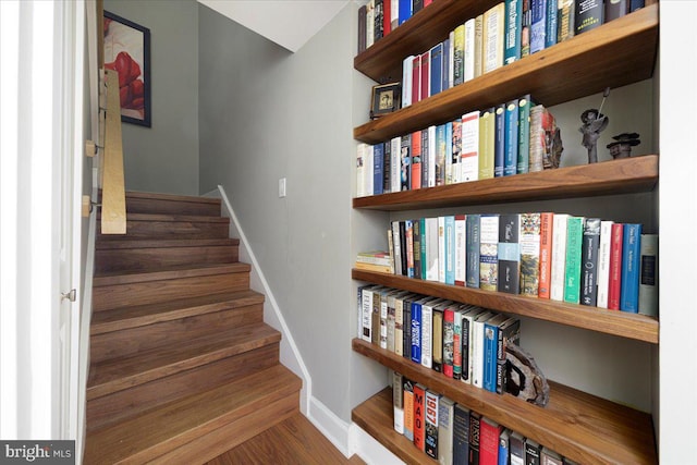 stairs with hardwood / wood-style flooring