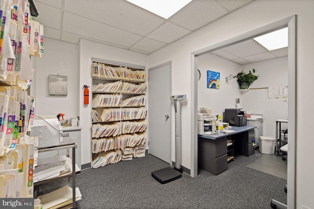 carpeted office space featuring a drop ceiling