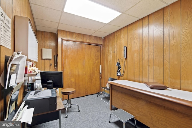 home office featuring wood walls, a drop ceiling, and light colored carpet