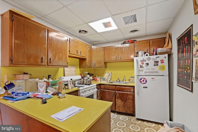 kitchen with a paneled ceiling, sink, and white appliances