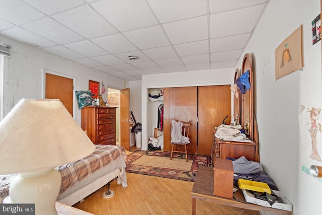 living area with light hardwood / wood-style flooring and a drop ceiling