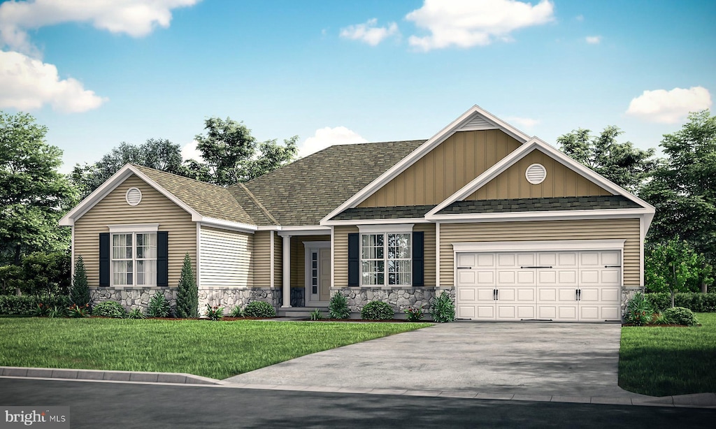 view of front facade with stone siding, concrete driveway, a shingled roof, and an attached garage