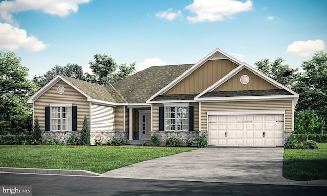 view of front facade with stone siding, concrete driveway, a shingled roof, and an attached garage