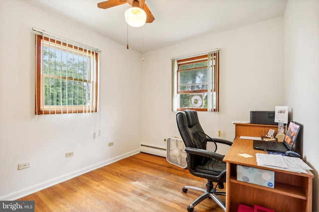 home office with ceiling fan, a baseboard radiator, and light hardwood / wood-style flooring