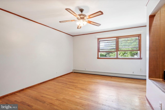 unfurnished room with crown molding, baseboard heating, light wood-type flooring, and ceiling fan