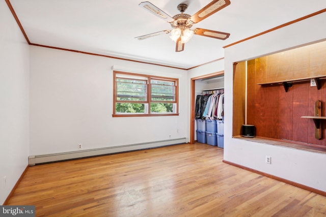 unfurnished bedroom featuring light hardwood / wood-style floors, a closet, a baseboard radiator, ceiling fan, and ornamental molding