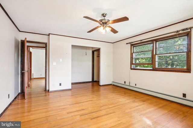 unfurnished bedroom featuring a baseboard heating unit, ceiling fan, ornamental molding, and light hardwood / wood-style floors