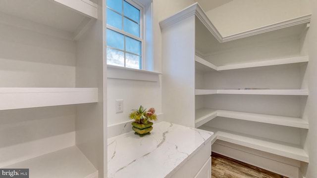 walk in closet with light hardwood / wood-style flooring