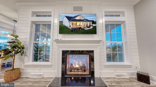 details featuring a glass covered fireplace and visible vents