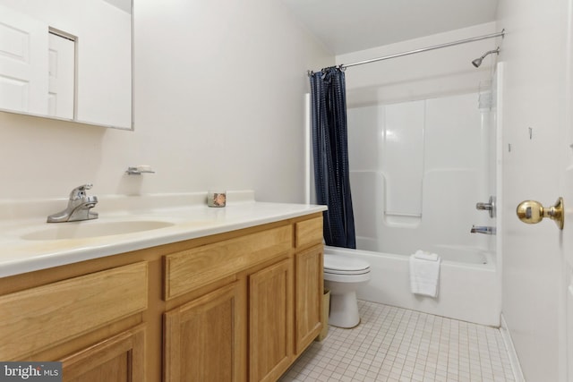 full bathroom featuring tile patterned flooring, toilet, shower / tub combo with curtain, and vanity