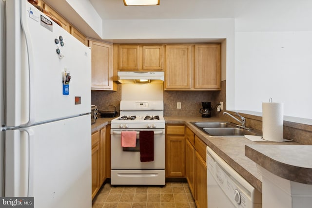 kitchen featuring backsplash, white appliances, sink, light brown cabinets, and light tile patterned flooring