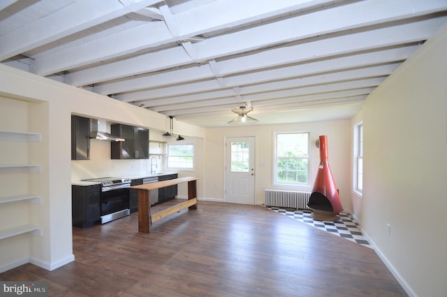 kitchen with electric range, radiator heating unit, dark wood-type flooring, light countertops, and open shelves