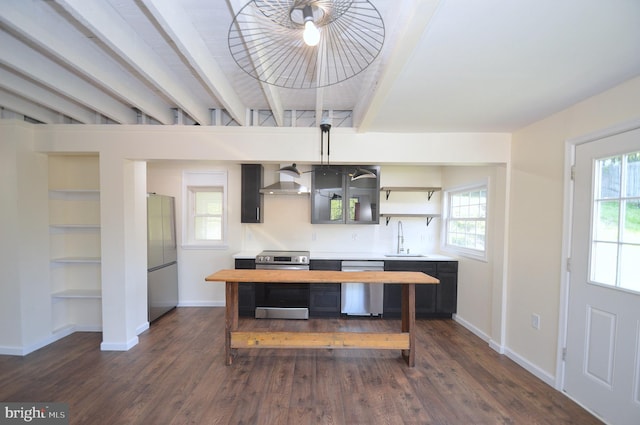 kitchen with stainless steel appliances, butcher block countertops, dark wood-style flooring, wall chimney range hood, and open shelves