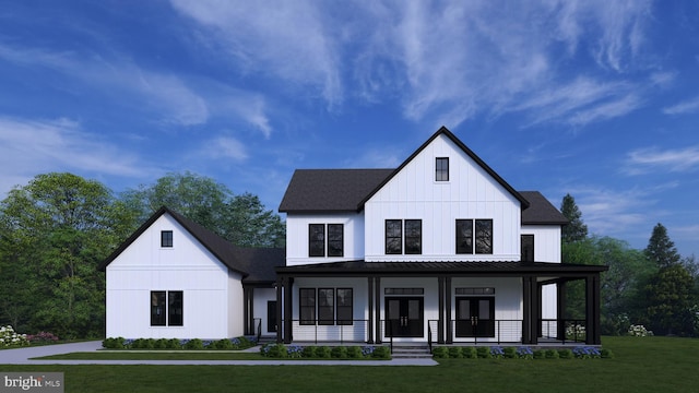 modern farmhouse style home featuring a porch, french doors, a front lawn, and a standing seam roof