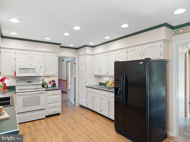 kitchen with crown molding, light wood-type flooring, white appliances, and white cabinetry