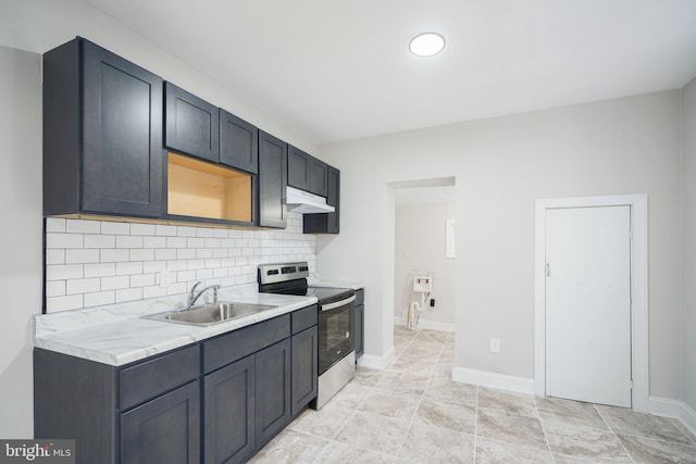 kitchen featuring light tile patterned floors, electric range, sink, decorative backsplash, and light stone counters