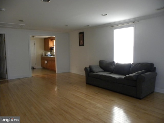 living room featuring light hardwood / wood-style floors and ornamental molding