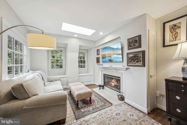 living room featuring wood-type flooring and a skylight