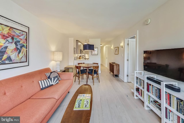 living area featuring radiator heating unit, light wood-style flooring, and baseboards