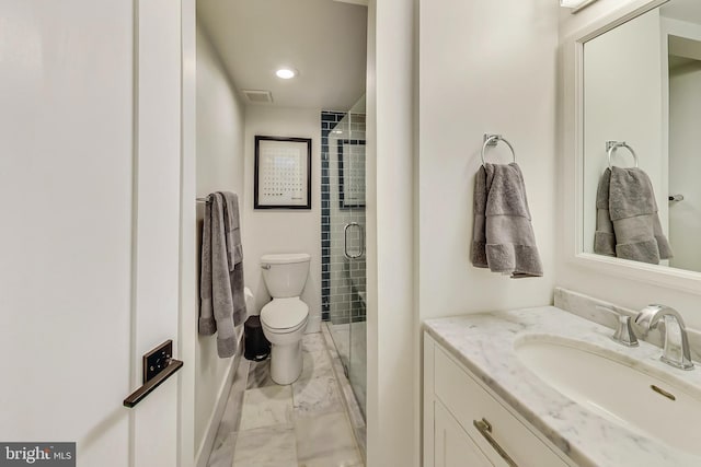 full bath with toilet, marble finish floor, a shower stall, and vanity