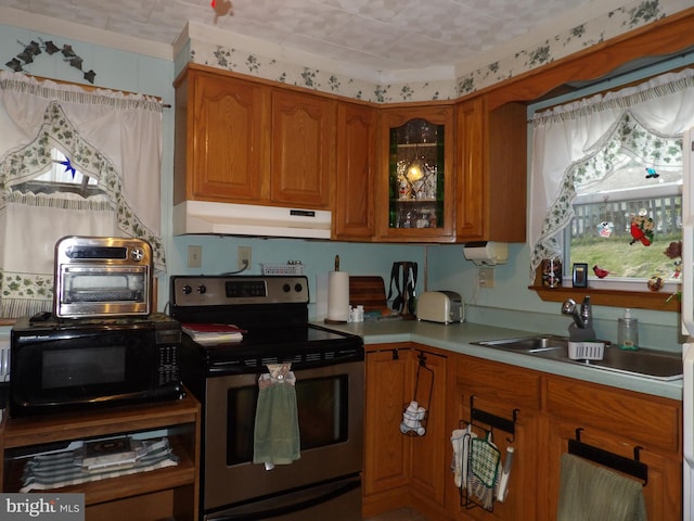 kitchen featuring sink, electric range, and a wealth of natural light