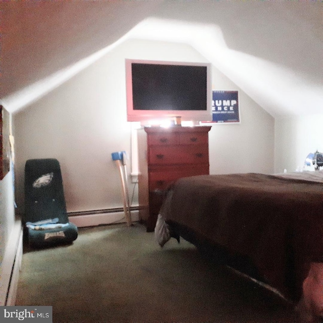 carpeted bedroom featuring a baseboard radiator and lofted ceiling