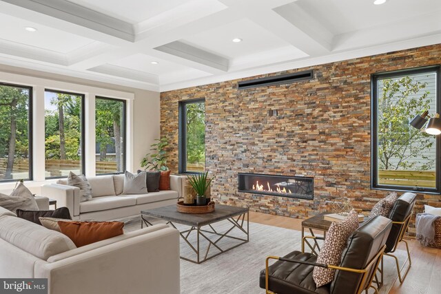 living room featuring beamed ceiling, light hardwood / wood-style floors, coffered ceiling, and a fireplace