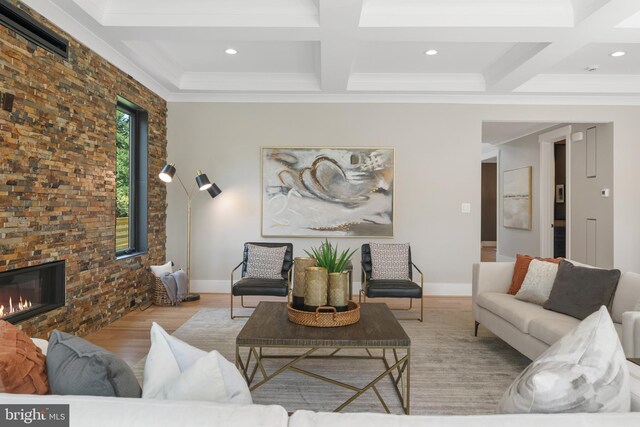 living room with light wood-type flooring, beam ceiling, and coffered ceiling