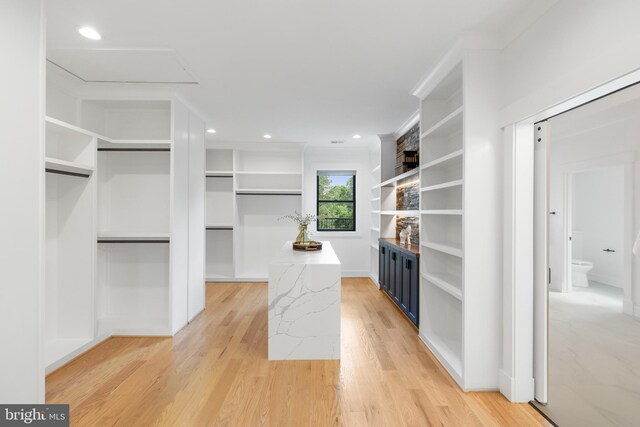 spacious closet featuring light wood-type flooring and a barn door